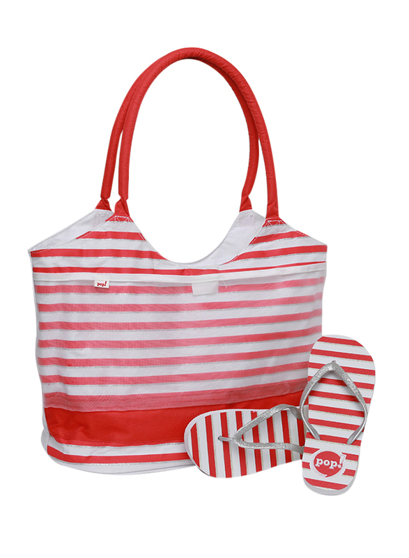 Pop Nylon Tote Handbag and Silver Glitter Slippers Set for Women, 40, Red/White Stripe